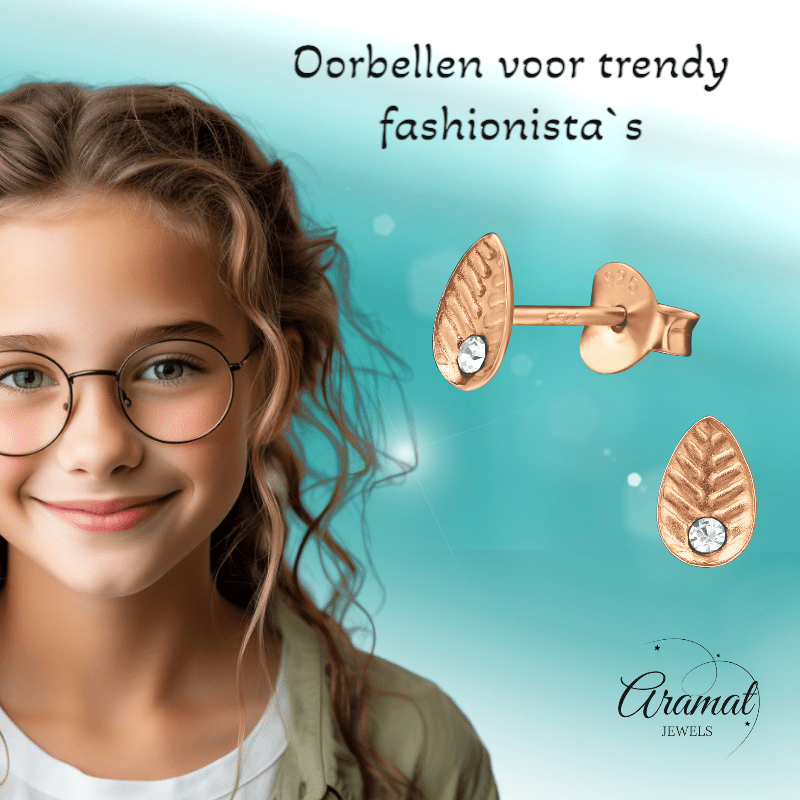 Zilveren Blaadje Oorbellen Rosé/Kristal – 6x4mm - Aramat Jewels - Oorbellen - cadeautip