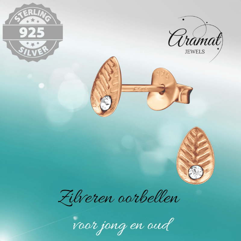 Zilveren Blaadje Oorbellen Rosé/Kristal – 6x4mm - Aramat Jewels - Oorbellen - cadeautip
