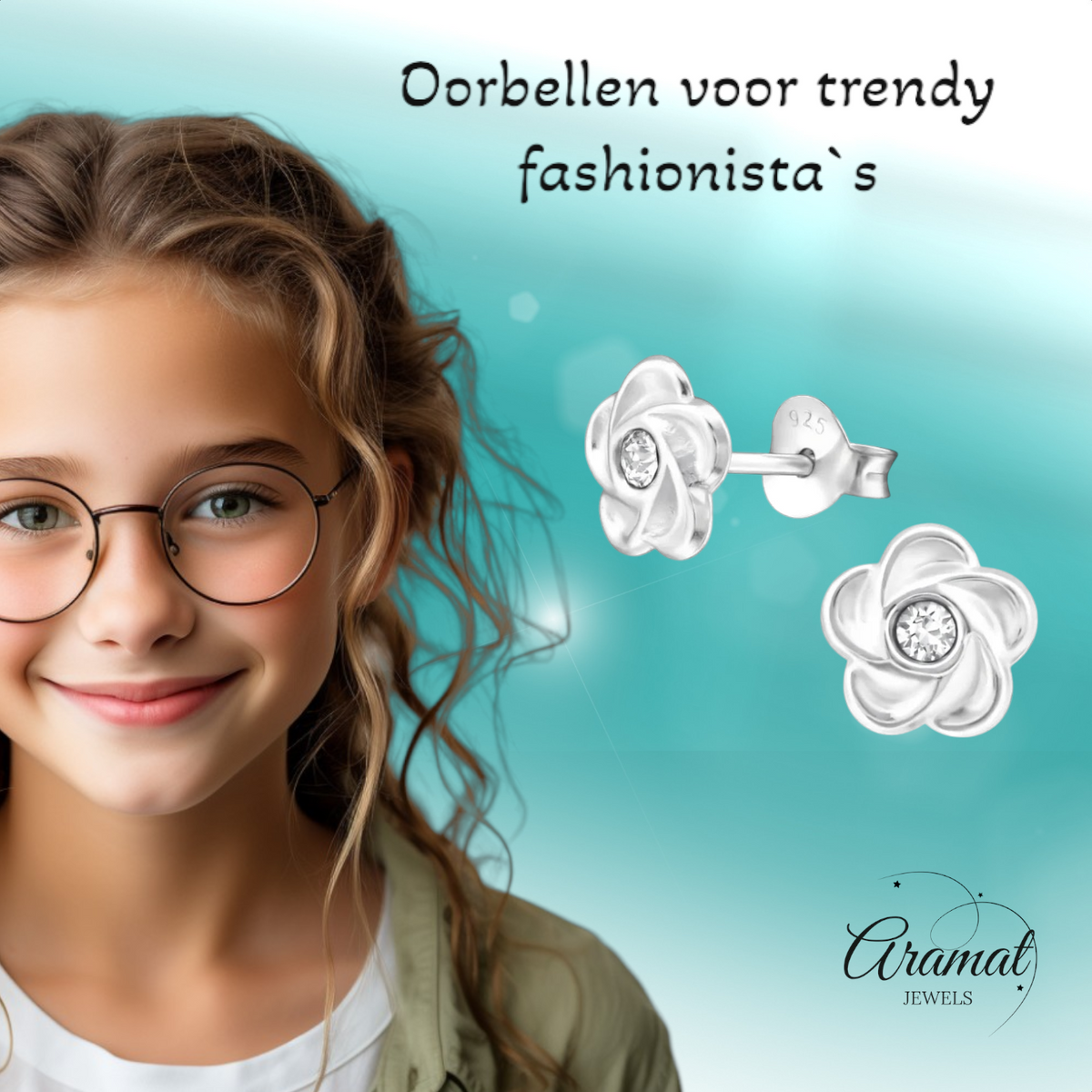 Zilveren bloem oorbellen met transparant kristal