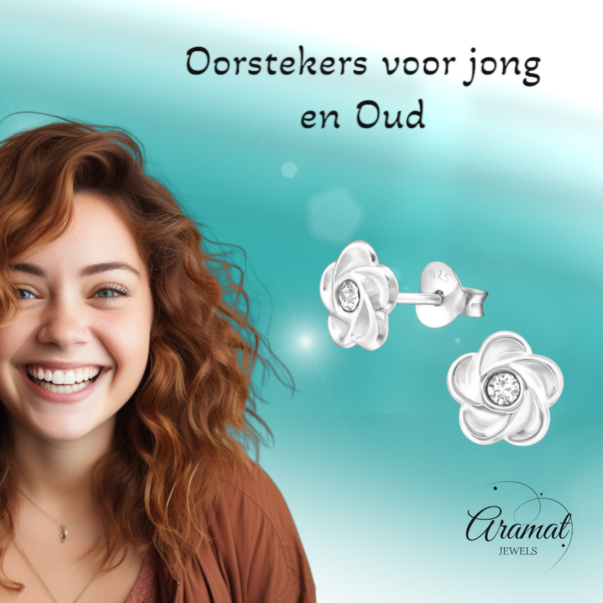 Zilveren bloem oorbellen met transparant kristal
