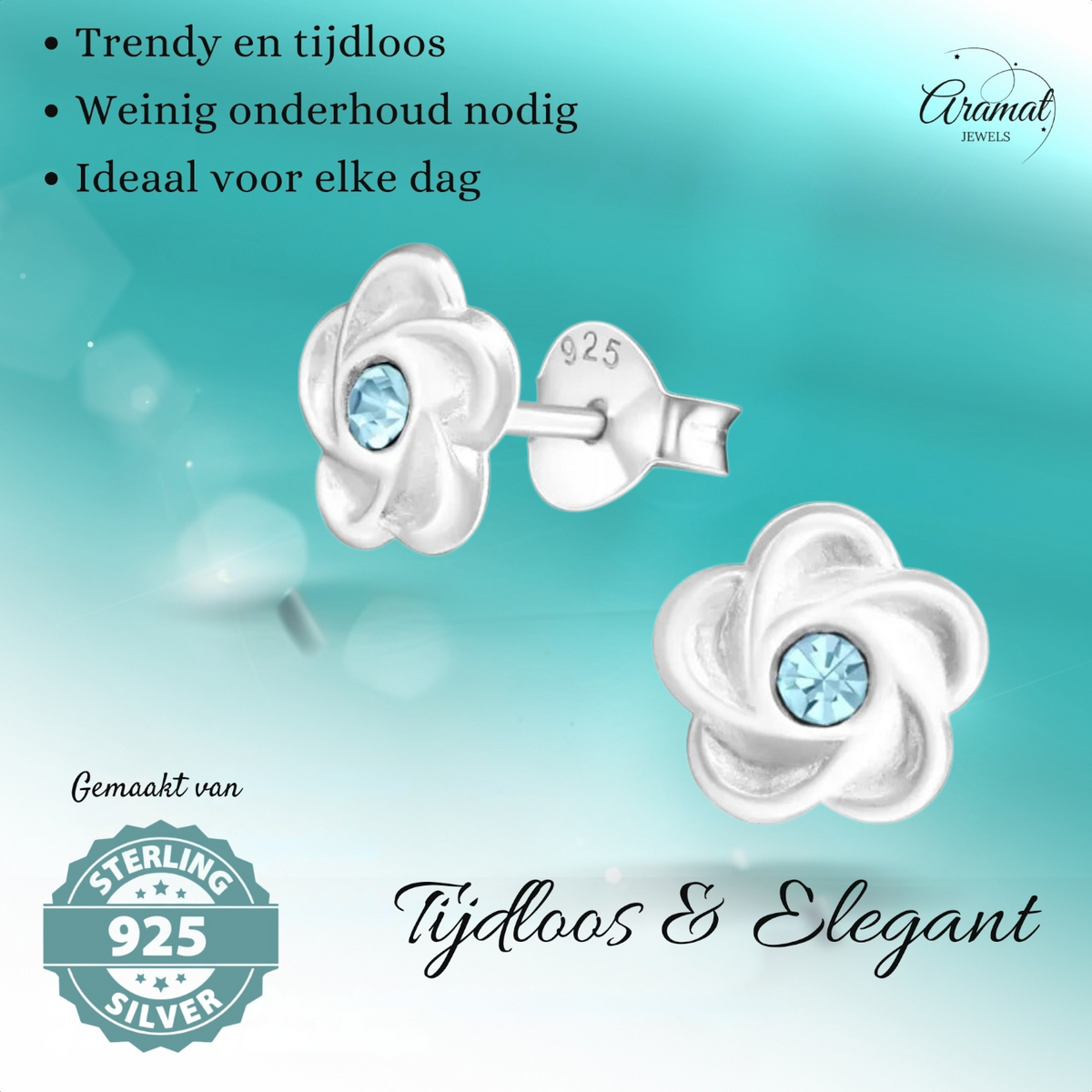 Zilveren bloemen oorstekers met blauwe kristal