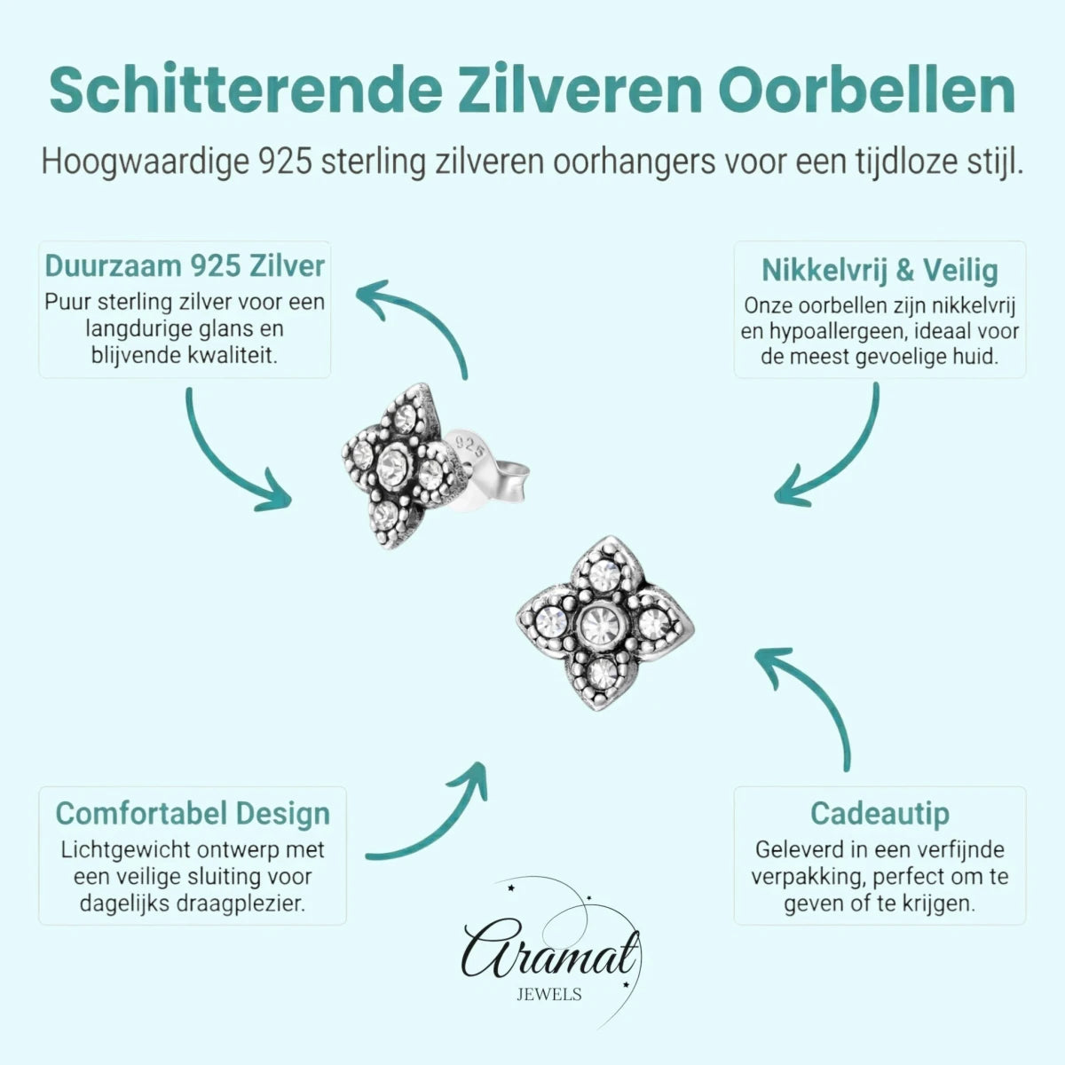 Zilveren Bloem Oorstekers - 9mm - Transparant Kristal - Aramat Jewels - Oorbellen - cadeautip