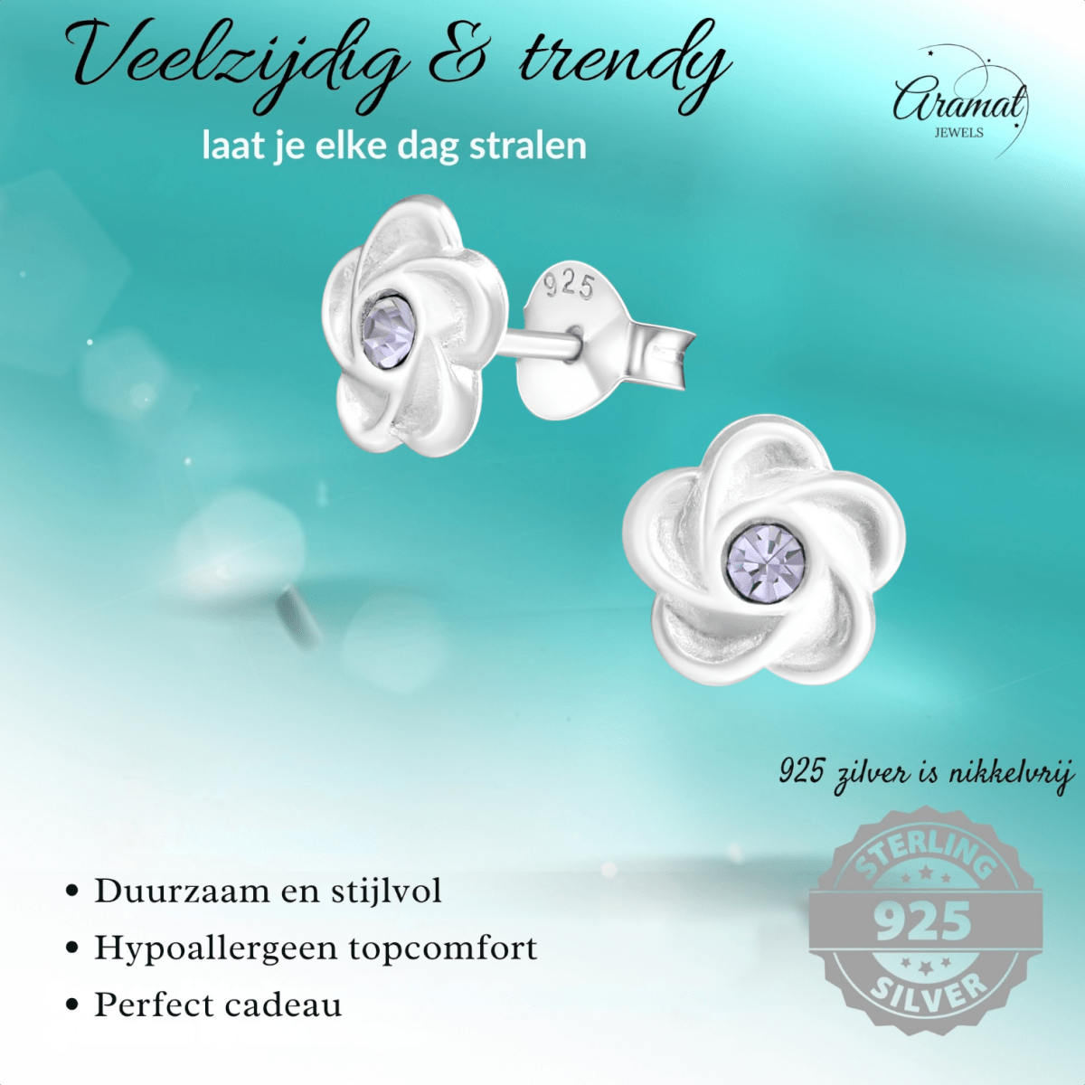Zilveren bloem oorstekers lila kristal 7mm - Aramat Jewels - Oorbellen - cadeautip