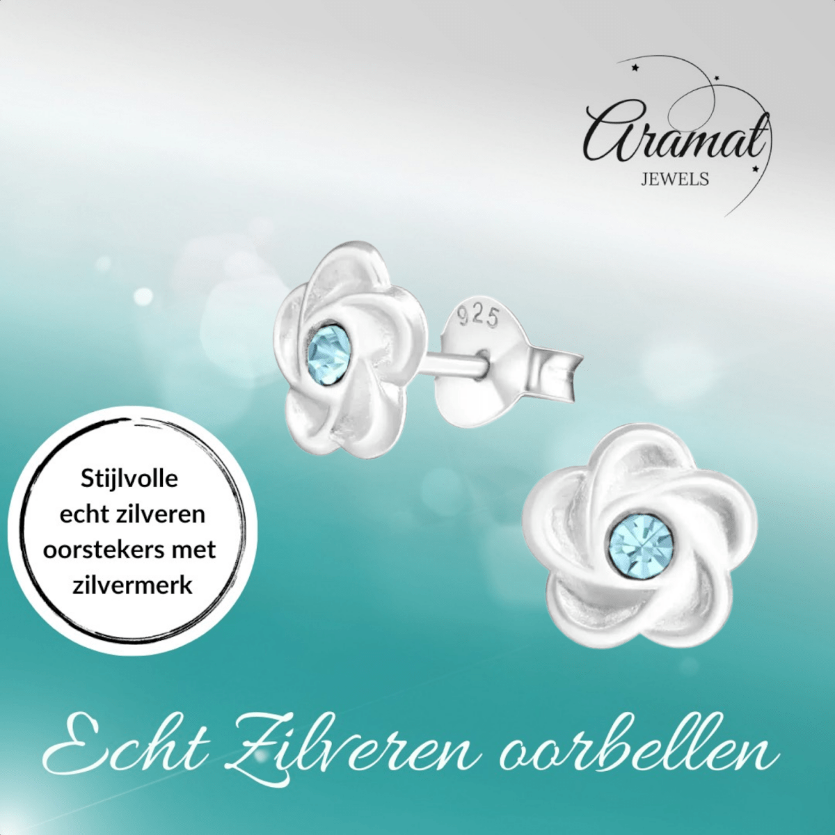 Zilveren bloemen oorstekers met blauwe kristal - Aramat Jewels - Oorbellen - cadeautip
