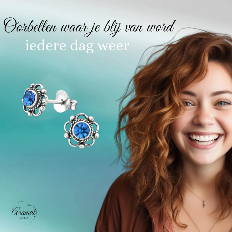 Zilveren Bloemoorbellen Blauw 7 mm - oor3383 - 30072 - Oorbellen kopen# - 7mm - 925 Zilver - alles