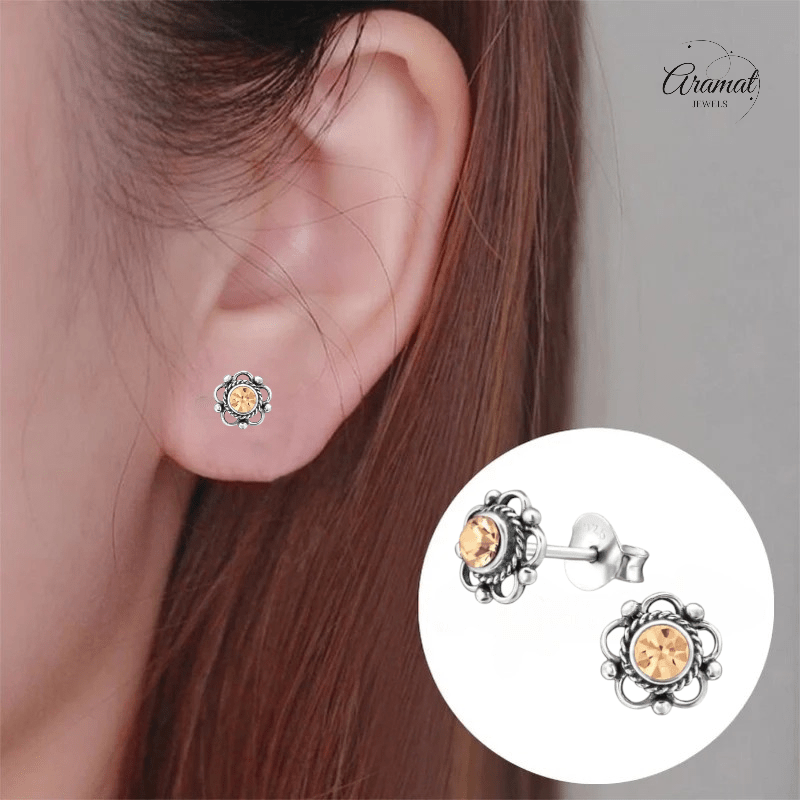 Zilveren Bloemoorbellen Oranje 7 mm - oor1288 - 30072 - Oorbellen kopen# - 7mm - 925 Zilver - alles