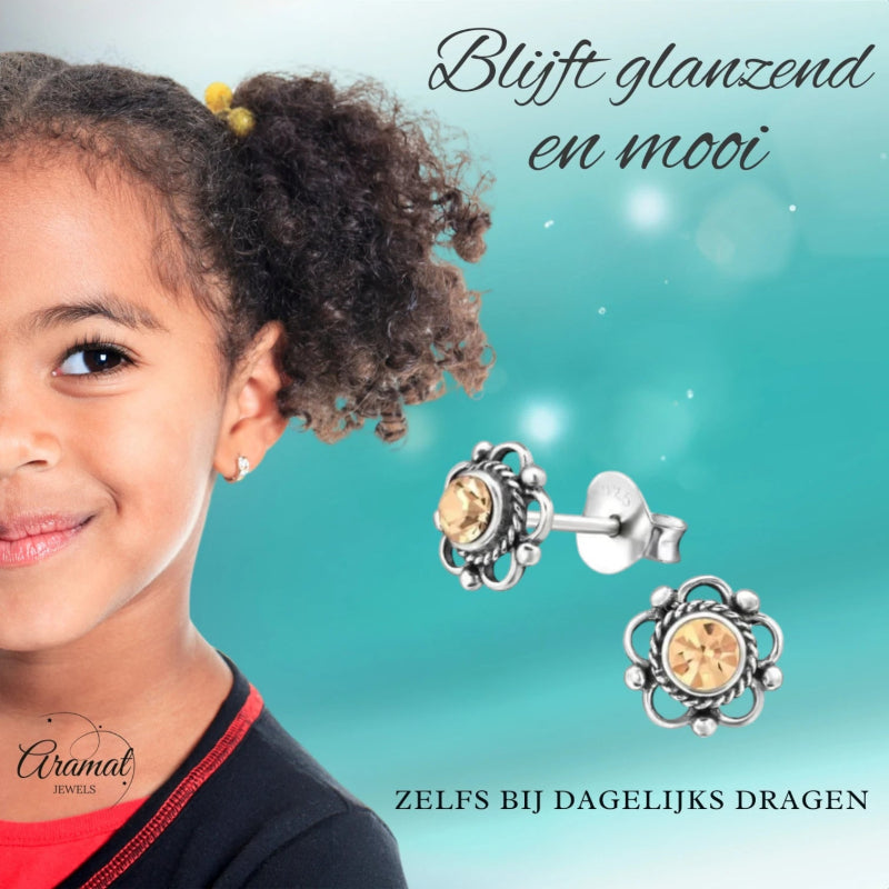 Zilveren Bloemoorbellen Oranje 7 mm - oor1288 - 30072 - Oorbellen kopen# - 7mm - 925 Zilver - alles