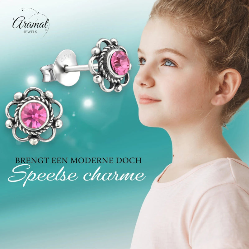Zilveren Bloemoorbellen Roze 7 mm - oor1873 - 30072 - Oorbellen kopen# - 7mm - 925 Zilver - alles