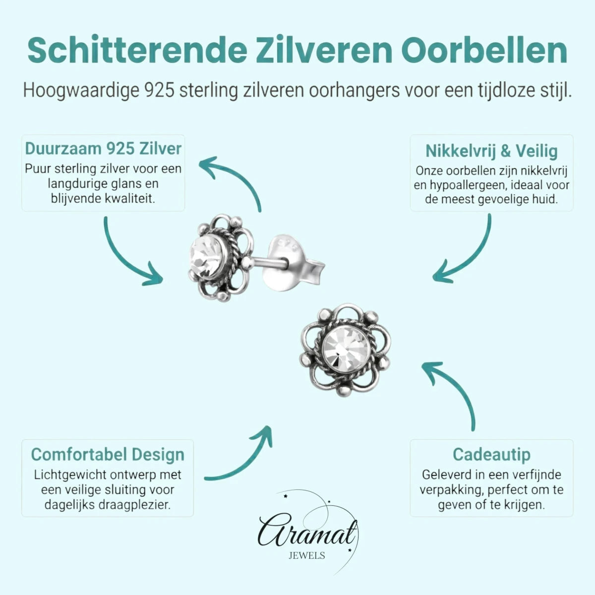 Zilveren Bloemoorbellen Transparant 7 mm - Aramat Jewels - Oorbellen - cadeautip