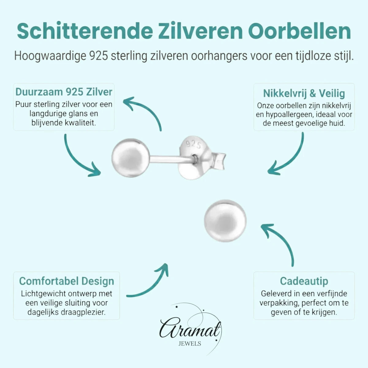 Zilveren Bolletjes Oorbellen 925 Zilver - Aramat Jewels - Oorbellen - cadeautip