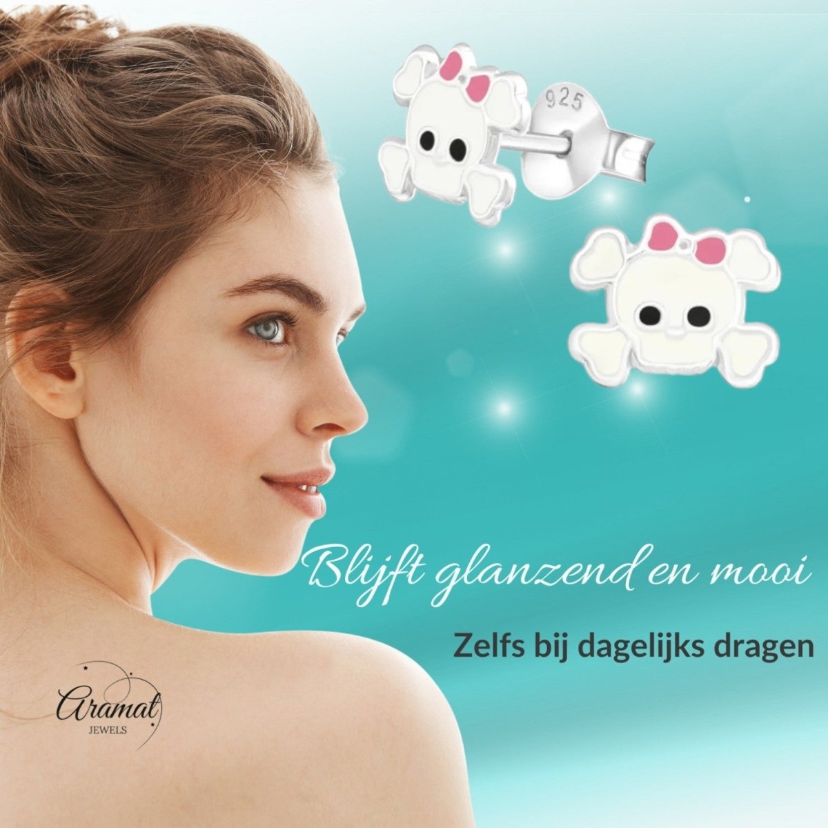 Zilveren Doodskop Oorbellen Wit 8x6 mm - Aramat Jewels - Oorbellen - cadeautip