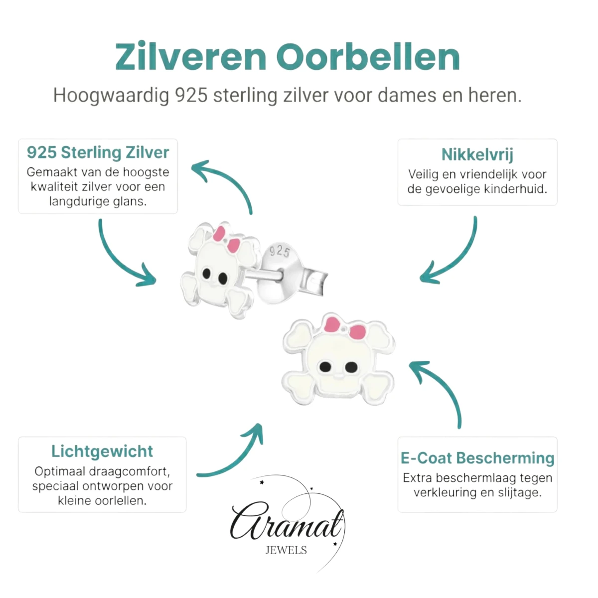 Zilveren Doodskop Oorbellen Wit 8x6 mm - Aramat Jewels - Oorbellen - cadeautip