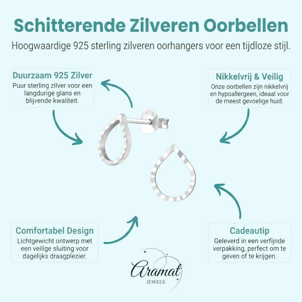 Zilveren Druppelvormige Oorbellen - Aramat Jewels - Oorbellen - cadeautip