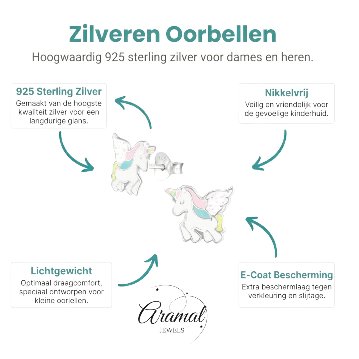 Zilveren Eenhoorn Kinderoorbellen - Unicorn Geschenk - Aramat Jewels - Oorbellen - cadeautip