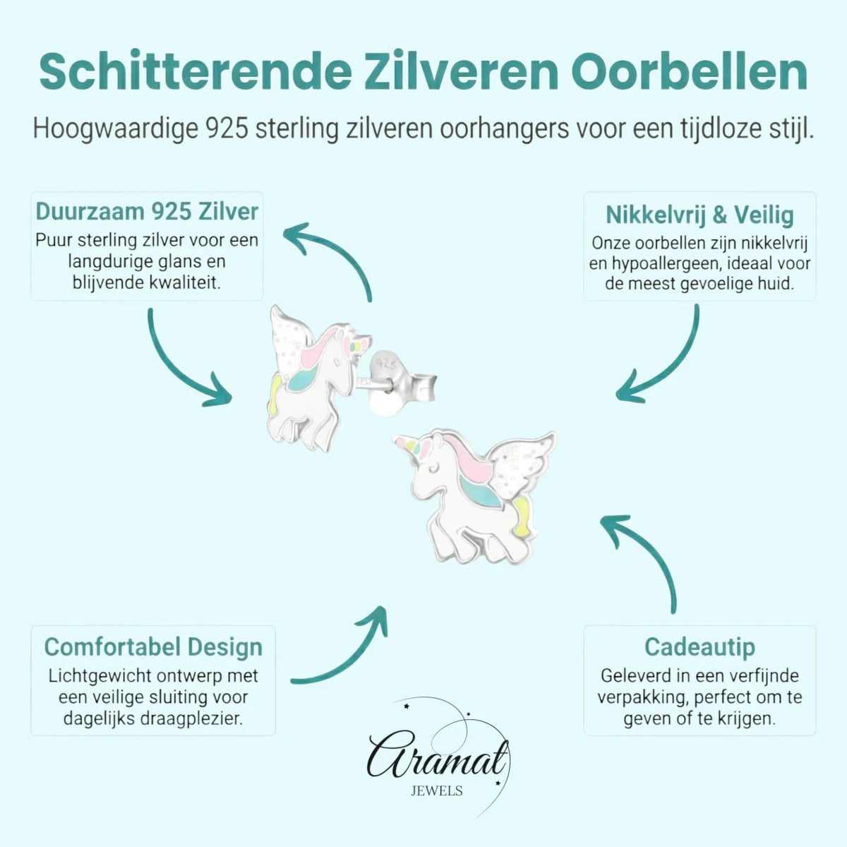 Zilveren Eenhoorn Kinderoorbellen - Unicorn Geschenk - Aramat Jewels - Oorbellen - cadeautip