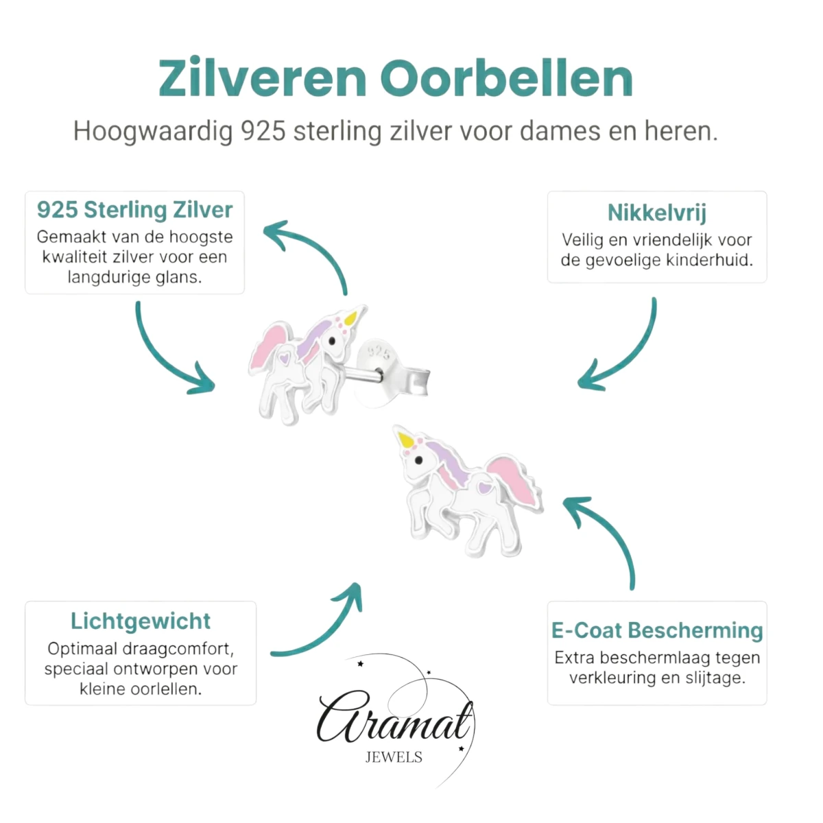 Zilveren Eenhoorn Oorbellen - Favoriet Cadeau Meisje - Aramat Jewels - Oorbellen - cadeautip