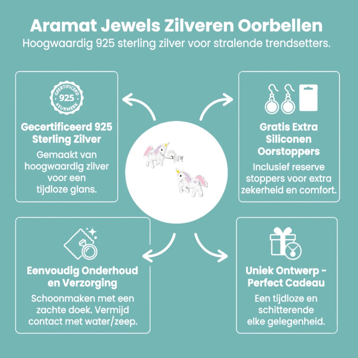 Zilveren Eenhoorn Oorbellen - Favoriet Cadeau Meisje - Aramat Jewels - Oorbellen - cadeautip