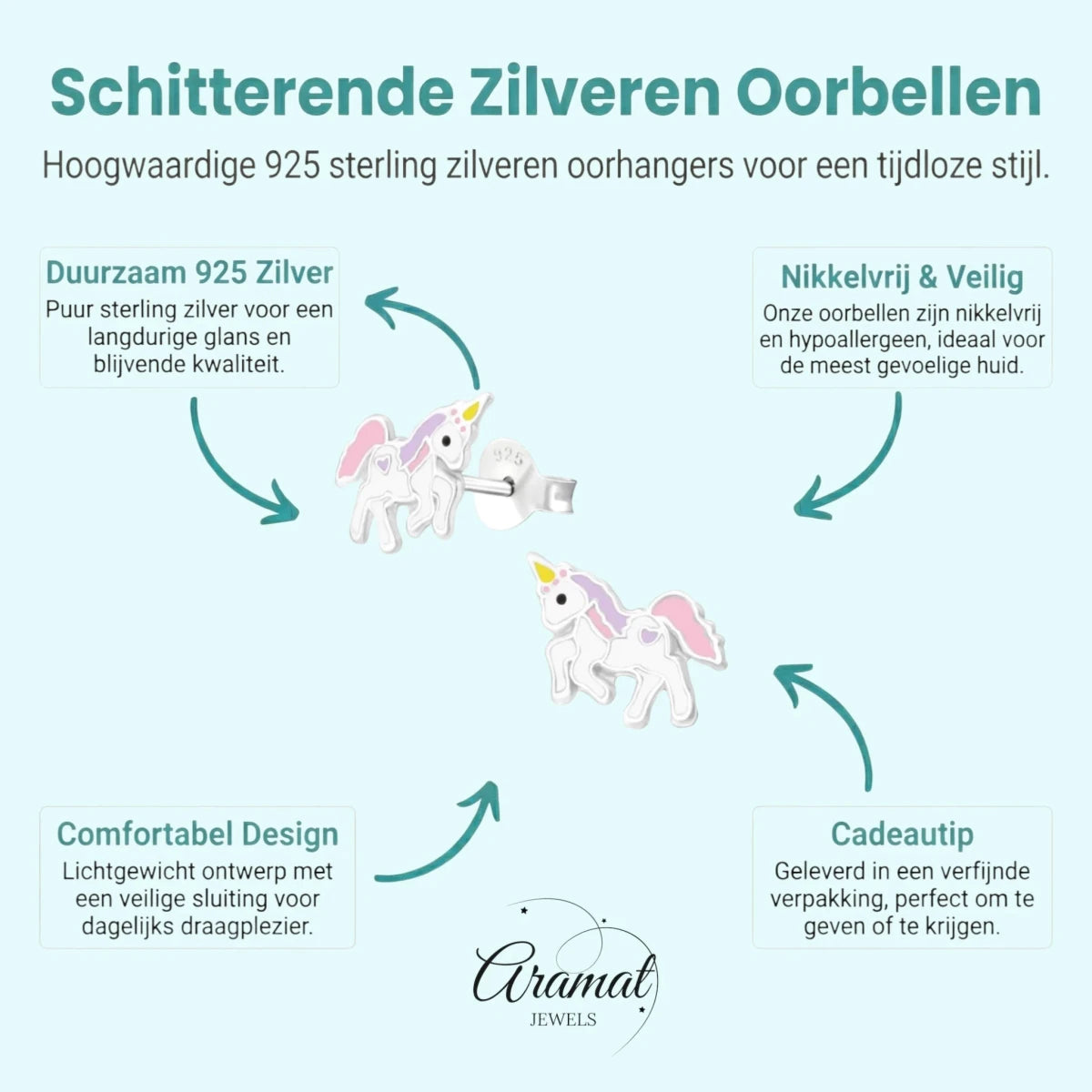 Zilveren Eenhoorn Oorbellen - Favoriet Cadeau Meisje - Aramat Jewels - Oorbellen - cadeautip