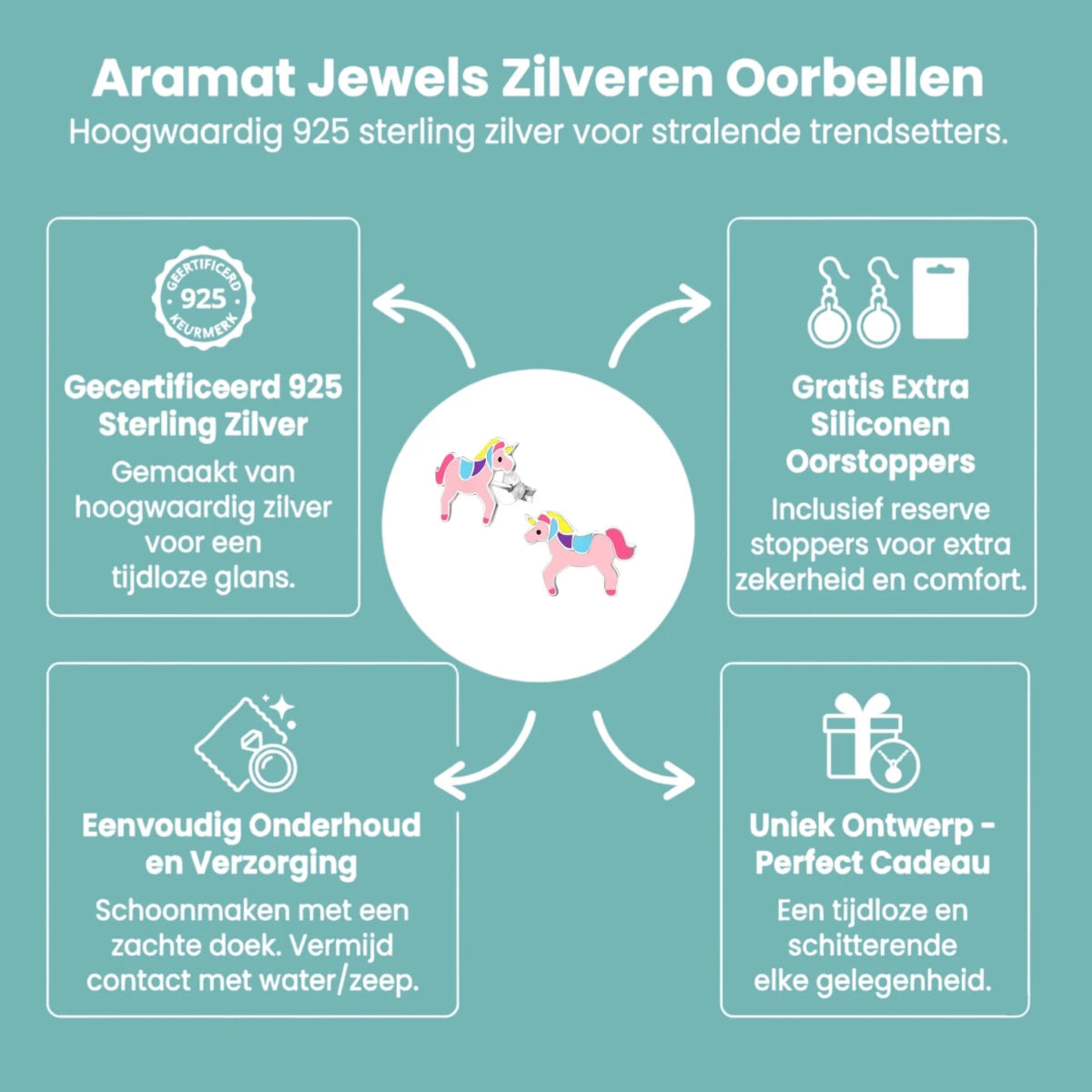Zilveren Eenhoorn Oorbellen Roze - Cadeautje voor Meisje - Aramat Jewels - Oorbellen - cadeautip