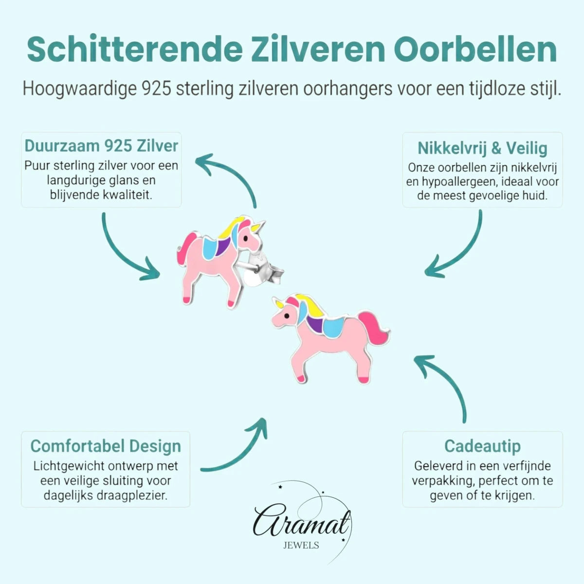Zilveren Eenhoorn Oorbellen Roze - Cadeautje voor Meisje - Aramat Jewels - Oorbellen - cadeautip