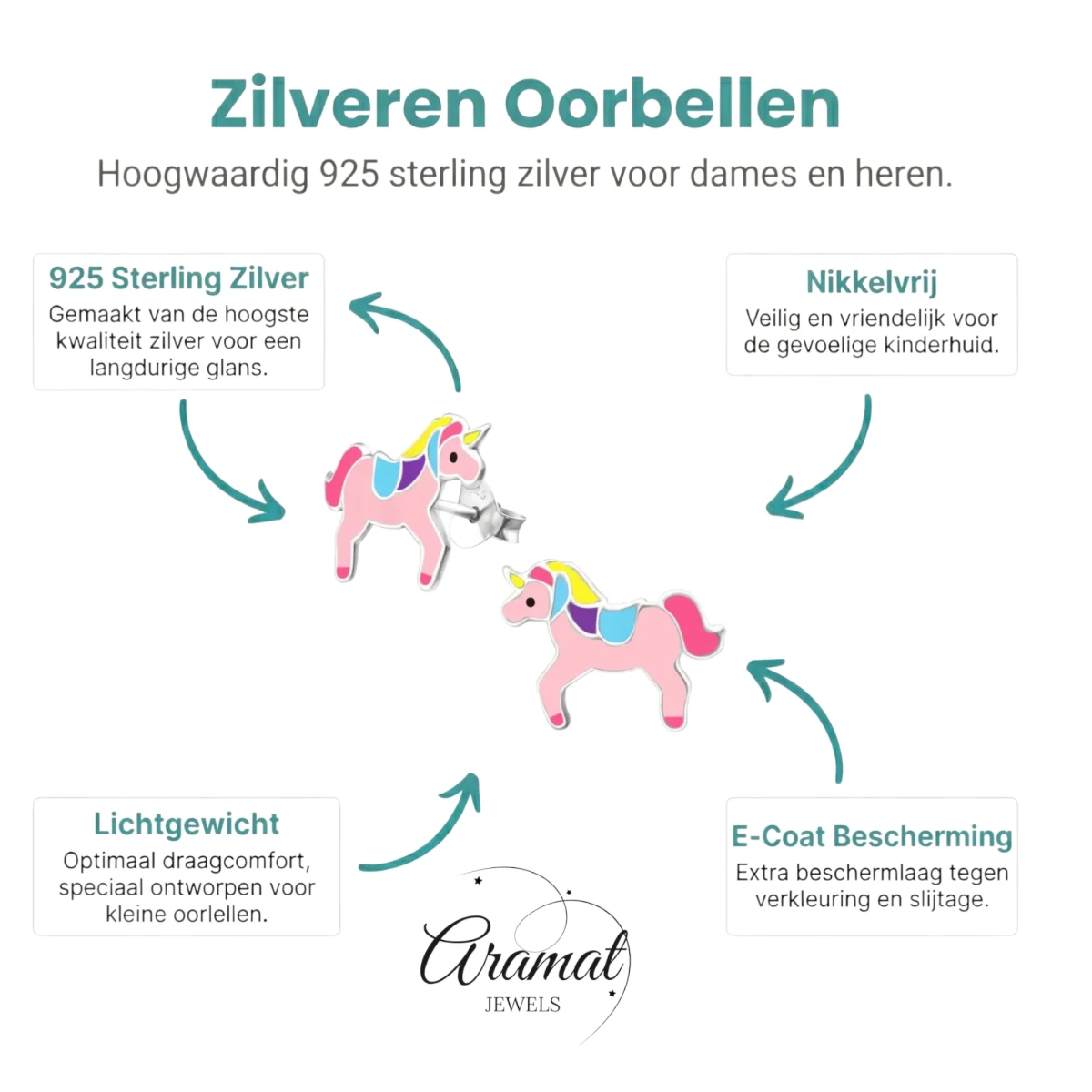Zilveren Eenhoorn Oorbellen Roze - Cadeautje voor Meisje - Aramat Jewels - Oorbellen - cadeautip