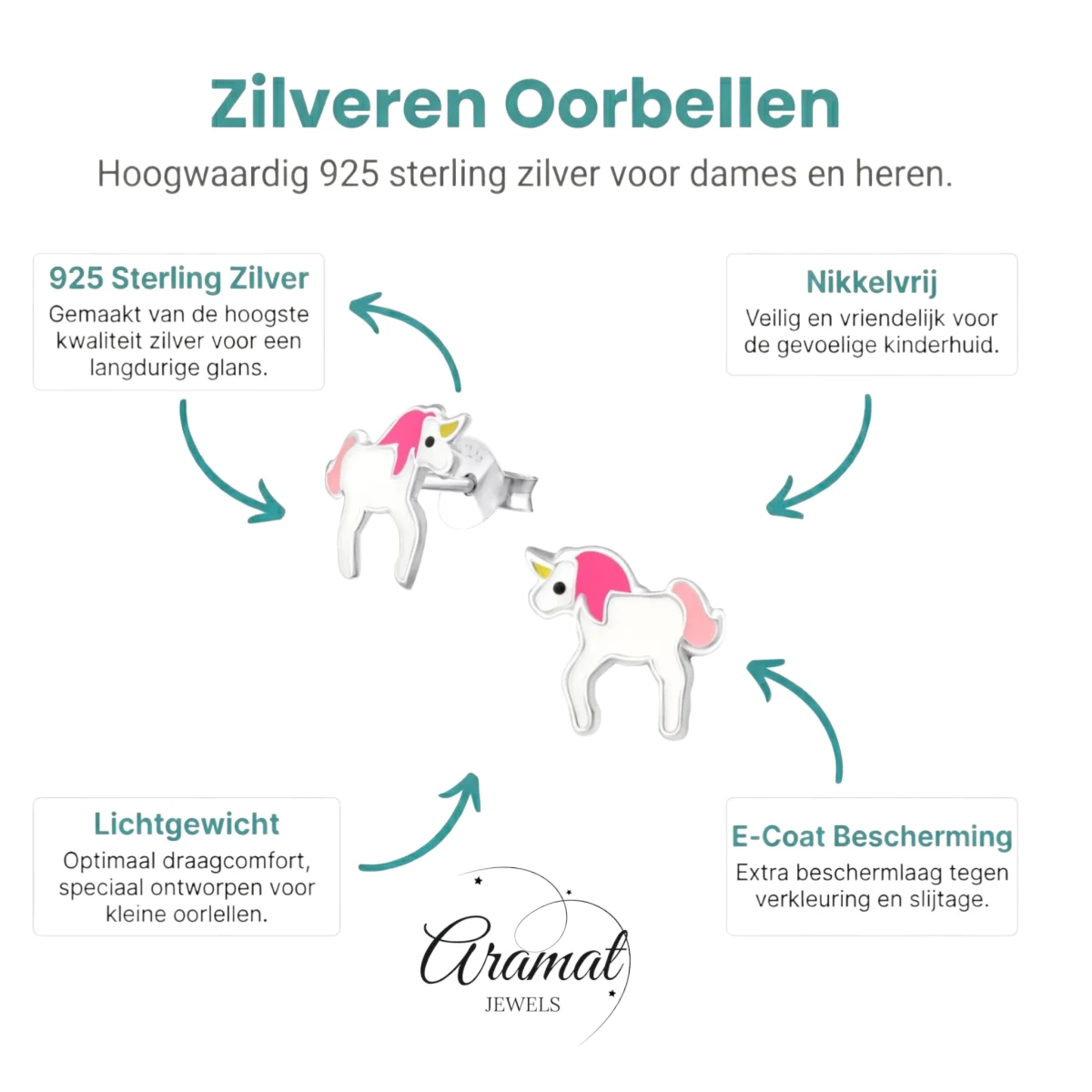 Zilveren Eenhoorn Oorbellen - Schattig Cadeau Meisje - Aramat Jewels - Oorbellen - cadeautip