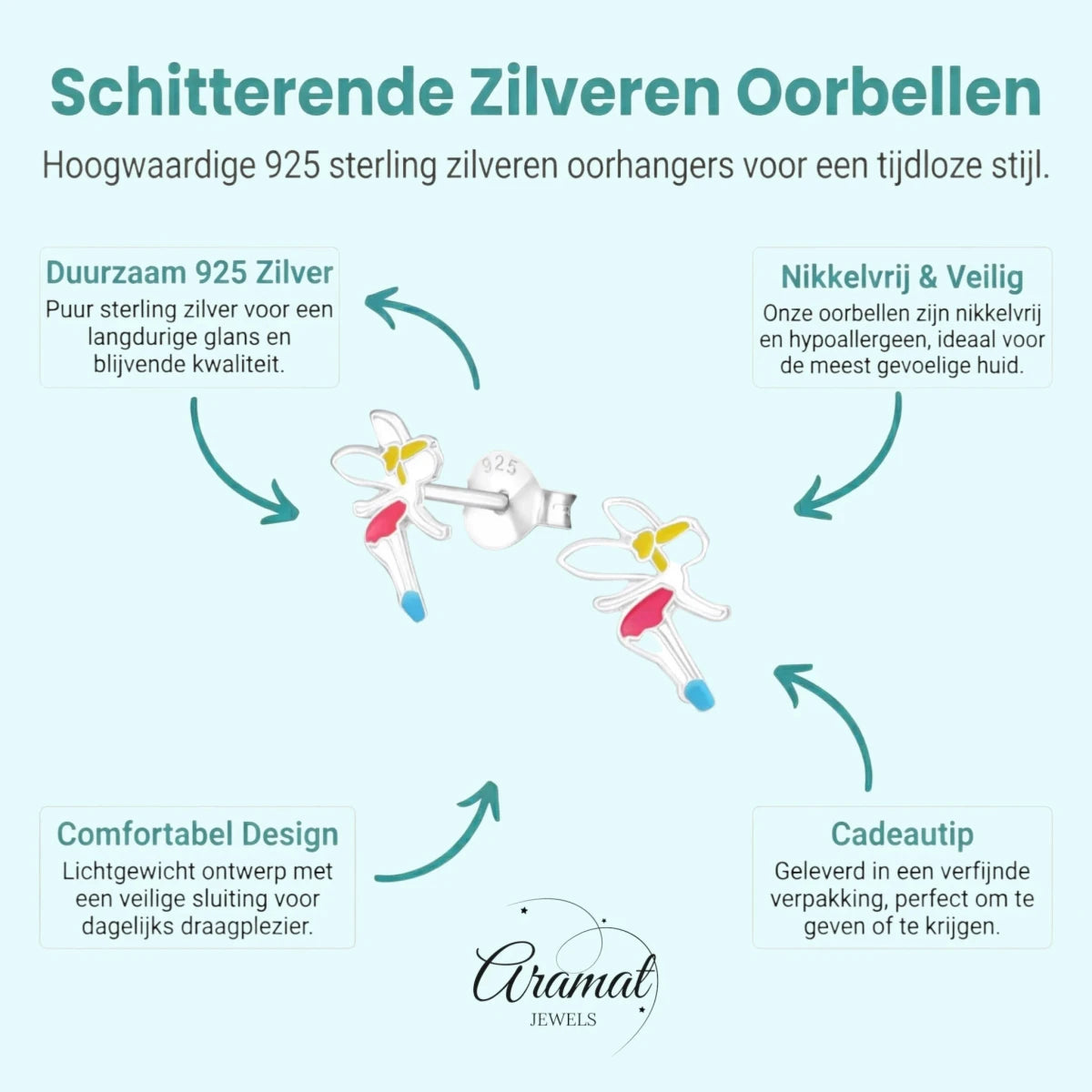 Zilveren Elfjes Oorbellen - Schattige Kinder Oorbellen - Aramat Jewels - Oorbellen - cadeautip