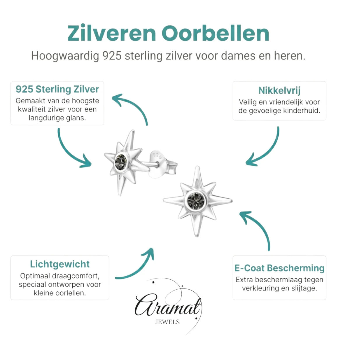 Zilveren Ishtar Ster Oorbellen - Black Diamond Kristal - Aramat Jewels - Oorbellen - cadeautip
