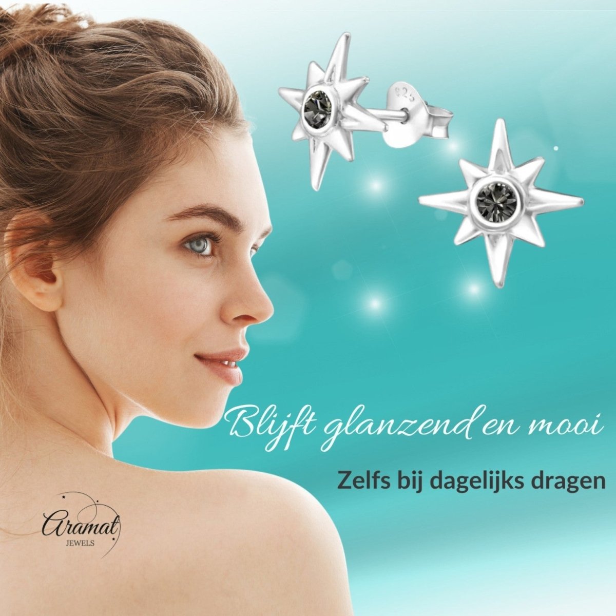Zilveren Ishtar Ster Oorbellen - Black Diamond Kristal - Aramat Jewels - Oorbellen - cadeautip