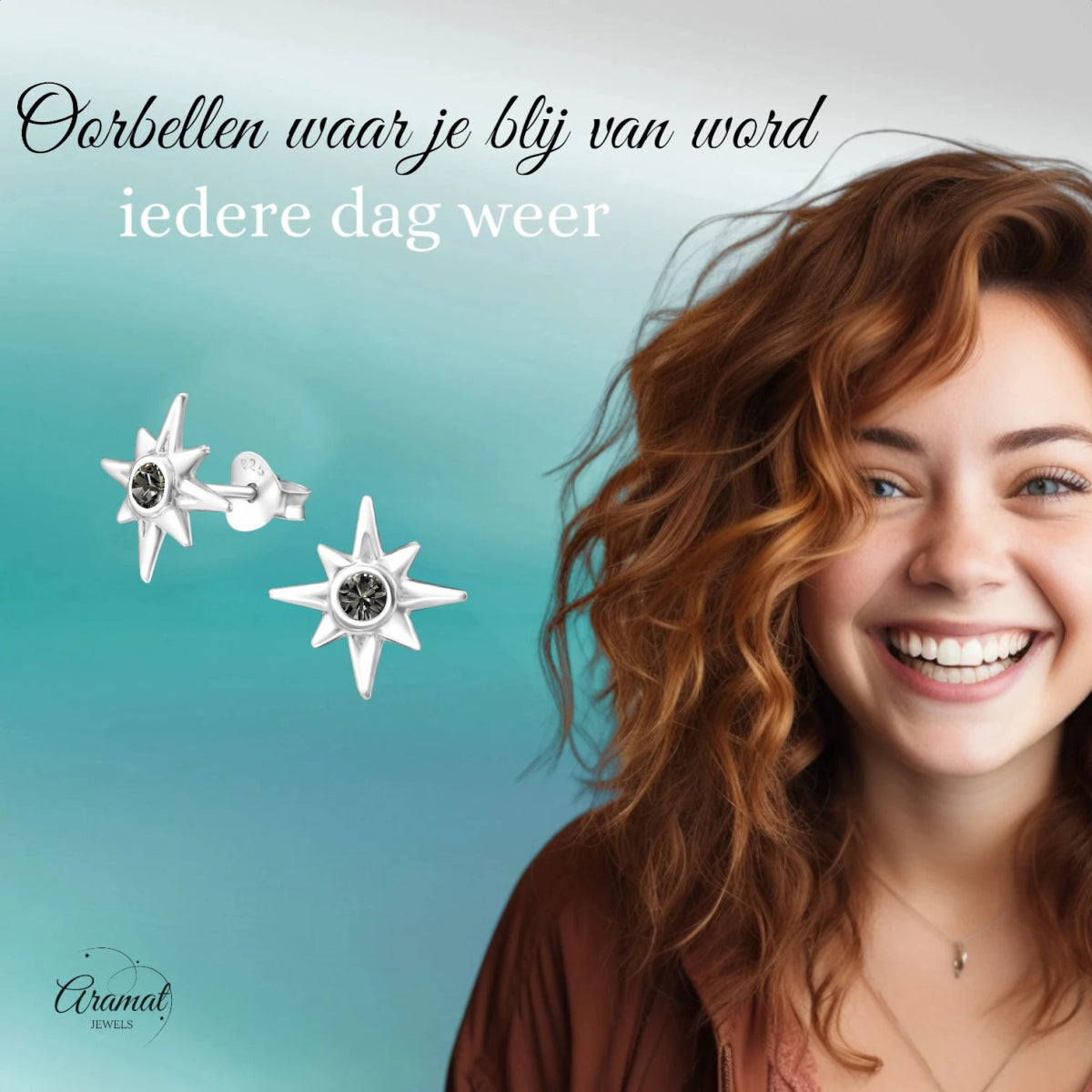 Zilveren Ishtar Ster Oorbellen - Black Diamond Kristal - oor749 - 32769 - Oorbellen kopen# - 11mm - 925 Zilver