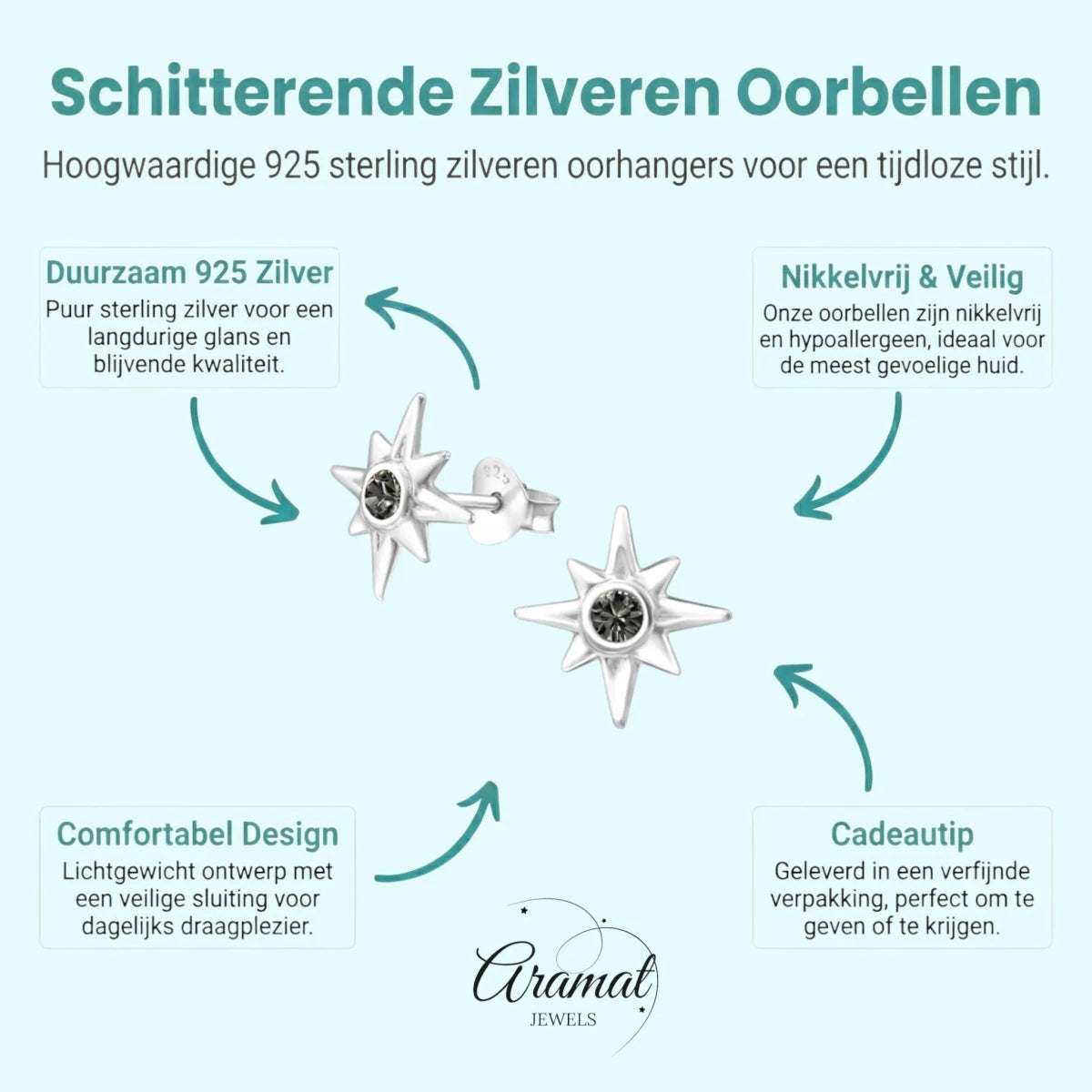 Zilveren Ishtar Ster Oorbellen - Black Diamond Kristal - Aramat Jewels - Oorbellen - cadeautip