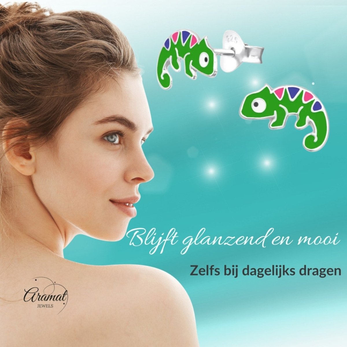 Zilveren Kameleon Oorbellen - Groene Emaille - Aramat Jewels - Oorbellen - cadeautip
