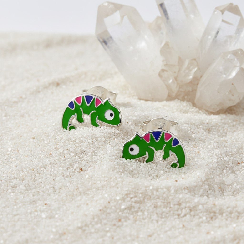 Zilveren Kameleon Oorbellen - Groene Emaille - Aramat Jewels - Oorbellen - cadeautip