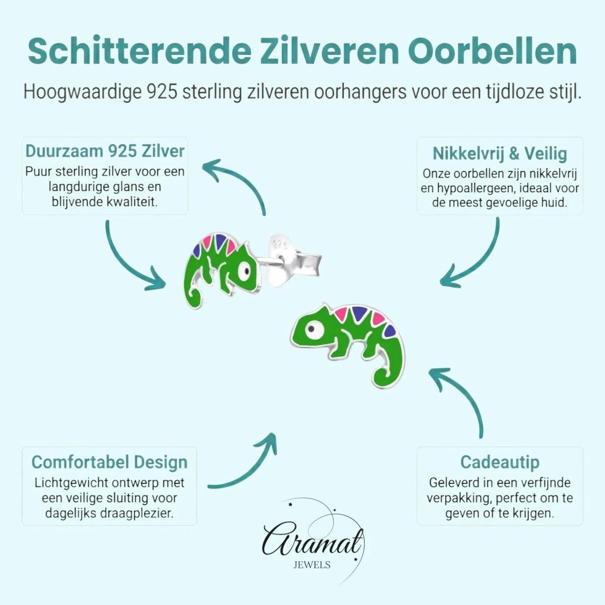 Zilveren Kameleon Oorbellen - Groene Emaille - Aramat Jewels - Oorbellen - cadeautip