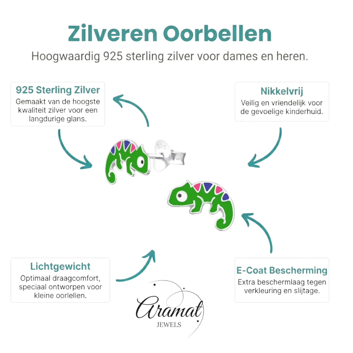 Zilveren Kameleon Oorbellen - Groene Emaille - Aramat Jewels - Oorbellen - cadeautip