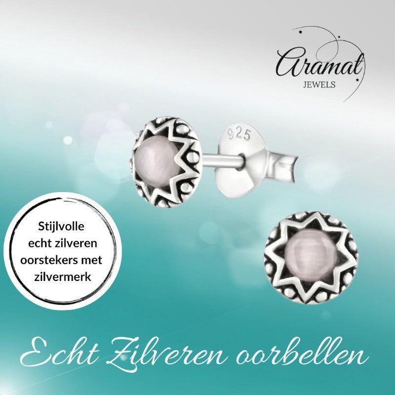 Zilveren Kattenoog Oorbellen - oor2267 - 30290 - Oorbellen kopen# - Roze - 5mm - 925 Zilver