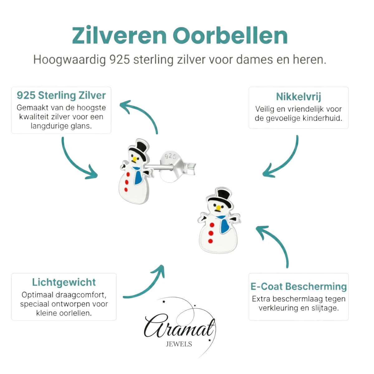Zilveren Kerst Oorbellen Sneeuwpop - 9mm - Aramat Jewels - Oorbellen - cadeautip