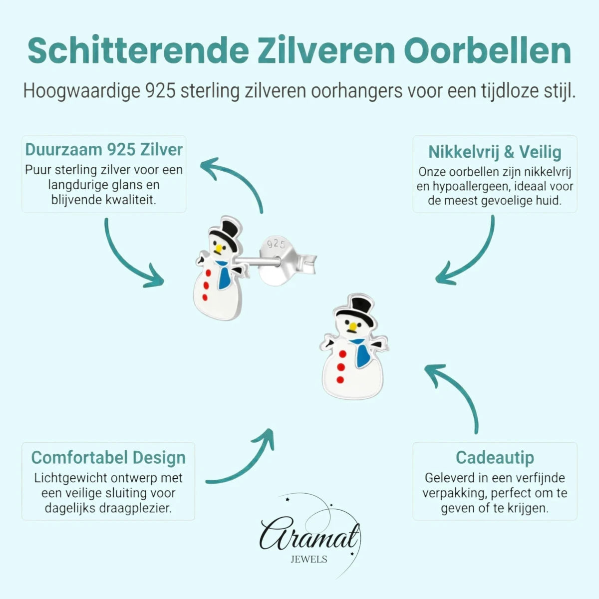 Zilveren Kerst Oorbellen Sneeuwpop - 9mm - Aramat Jewels - Oorbellen - cadeautip