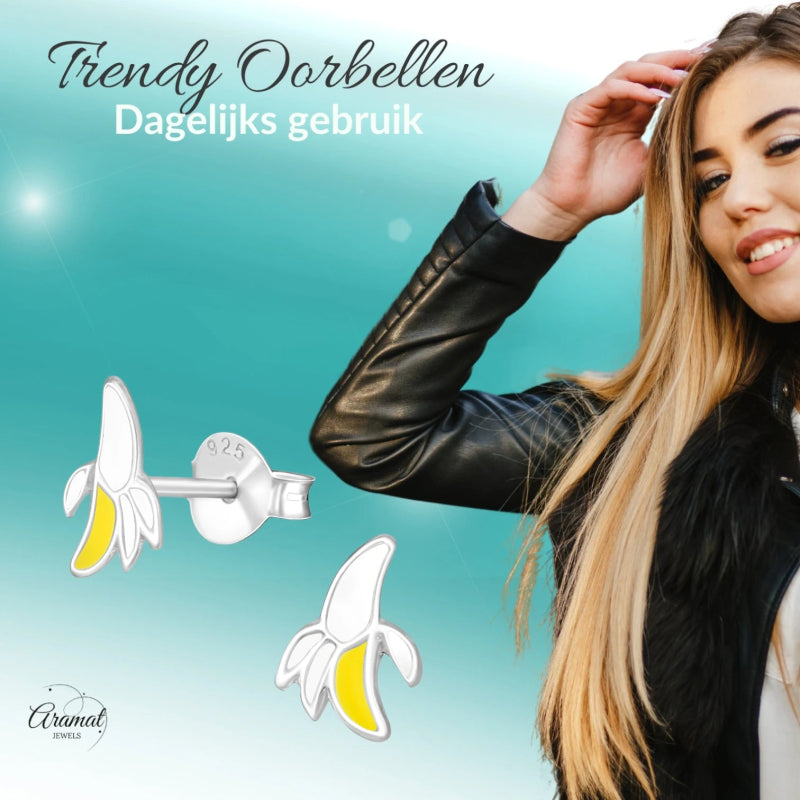 Zilveren kinder oorbellen met banaan - oor4903 - 21954 - Oorbellen kopen# - 8mm - 925 Zilver - alles