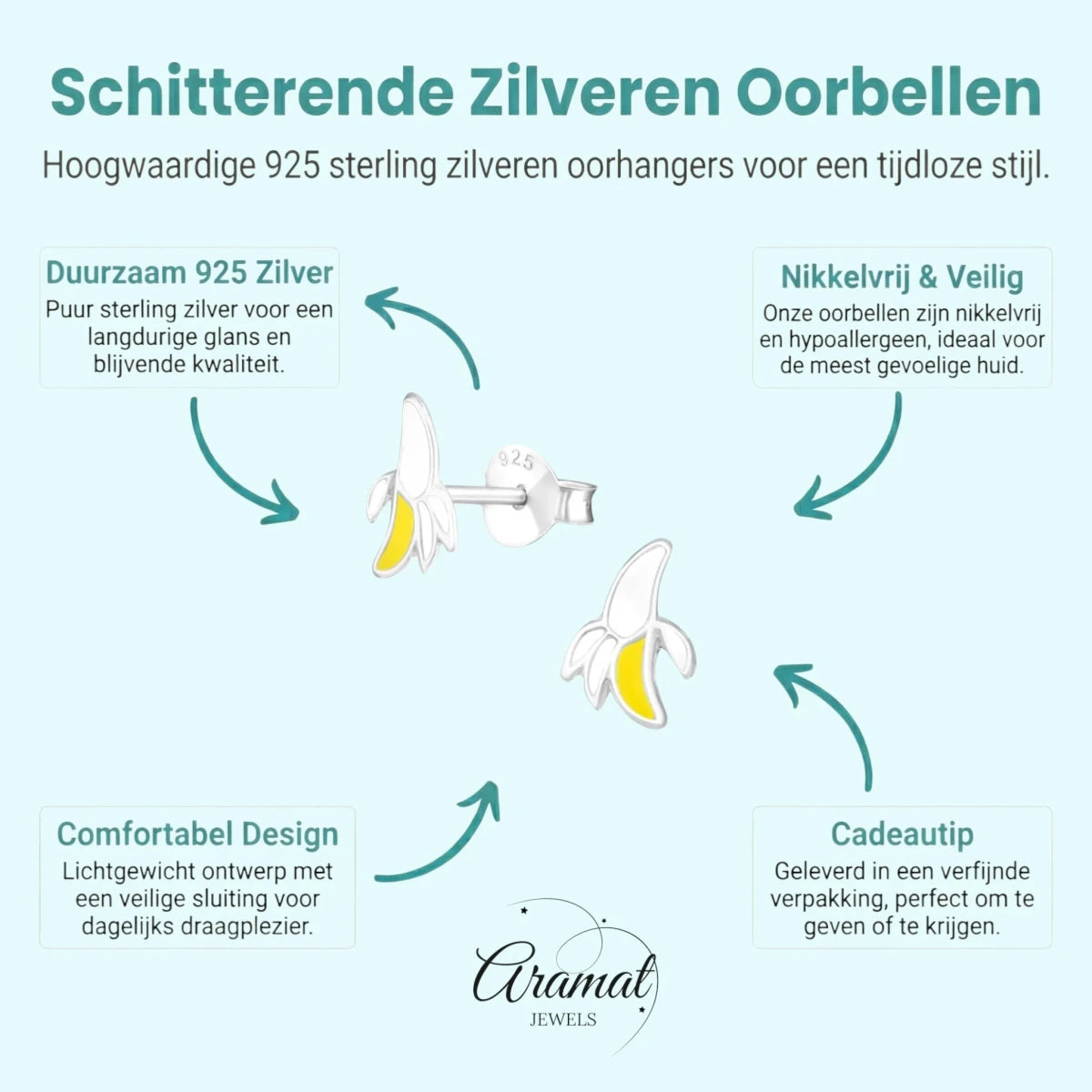 Zilveren kinder oorbellen met banaan - Aramat Jewels - Oorbellen - cadeautip