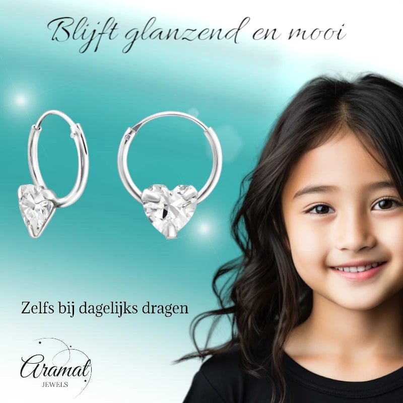 Zilveren Kinder Oorringen - Hartjes Zirkonia - 12mm - oor460 - 20311 - Oorringen kopen# - 12mm - 925 Zilver