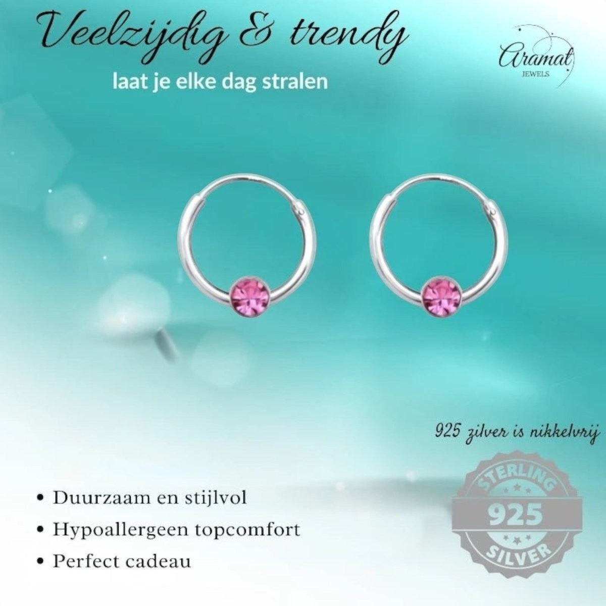 Zilveren Kinder Oorringen - Kristal - 10mm - oor506 - 825 - Oorringen kopen# - Roze - 10mm - alles