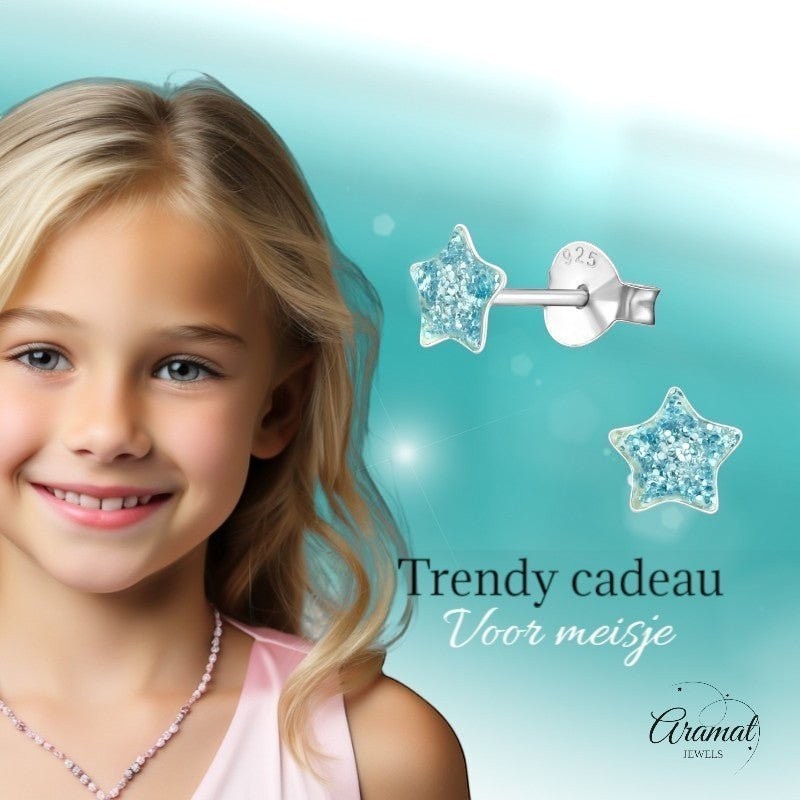 Zilveren Kinderoorbellen Blauwe Glitter Ster 5mm - Aramat Jewels - Oorbellen - cadeautip