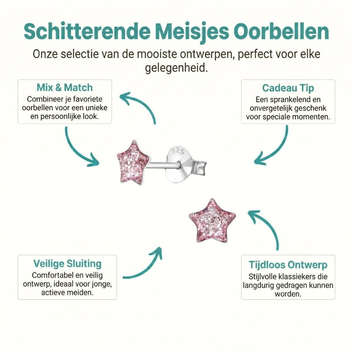 Zilveren Kinderoorbellen Paarse Glitter Ster 5mm - Aramat Jewels - Oorbellen - cadeautip