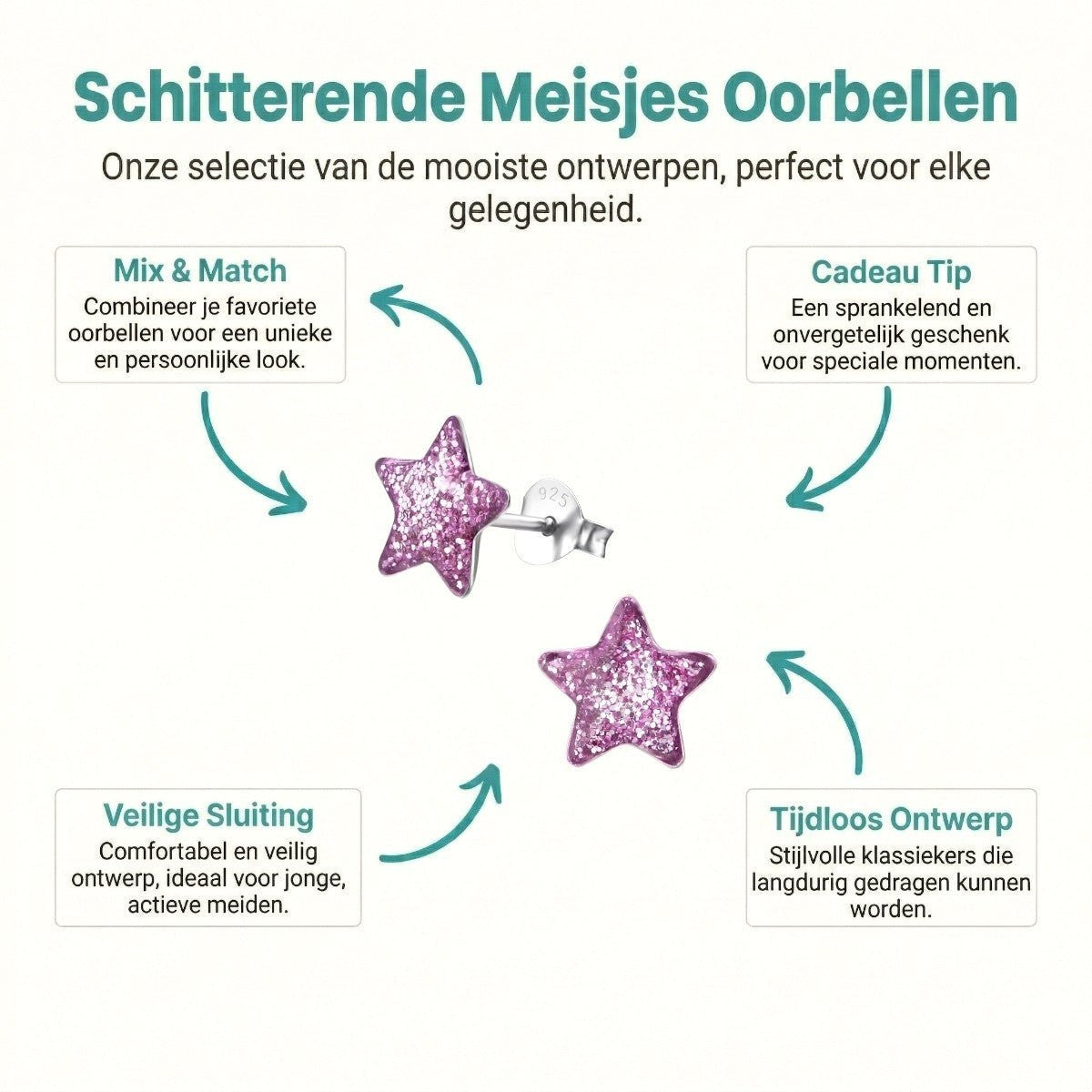 Zilveren Kinderoorbellen Paarse Glitter Ster 9mm - Aramat Jewels - Oorbellen - cadeautip