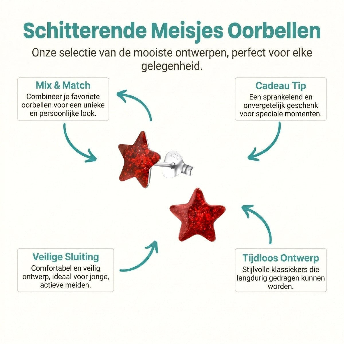 Zilveren Kinderoorbellen Rode Glitter Ster 9mm - Aramat Jewels - Oorbellen - cadeautip