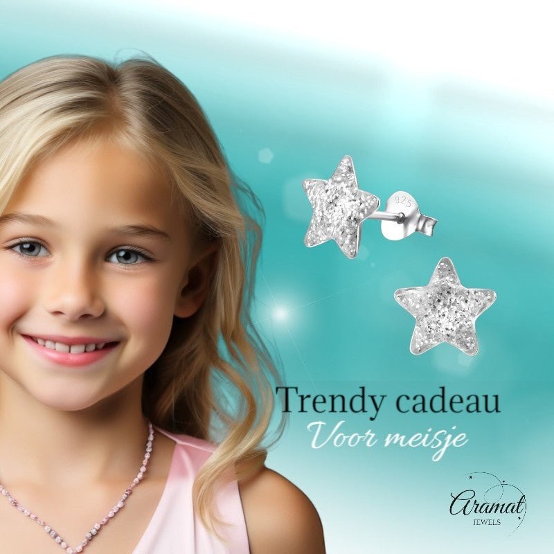 Zilveren Kinderoorbellen Transparante Glitter Ster 9mm - Aramat Jewels - Oorbellen - cadeautip