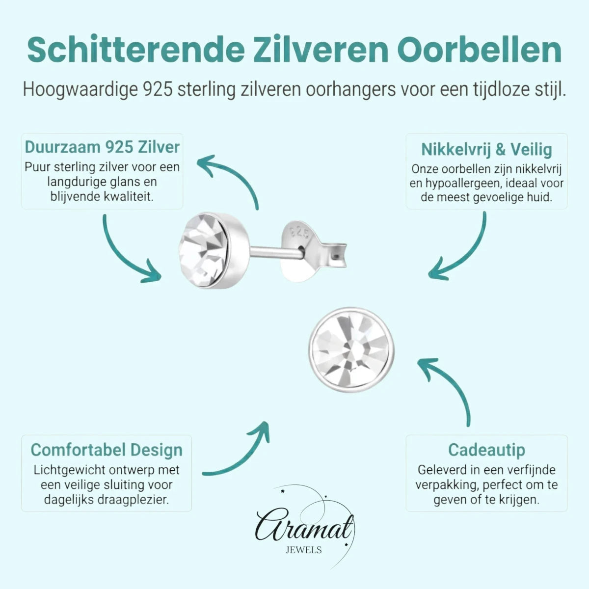 Zilveren kristal oorstekers – 5 mm - Transparante steen - Aramat Jewels - Oorbellen - cadeautip