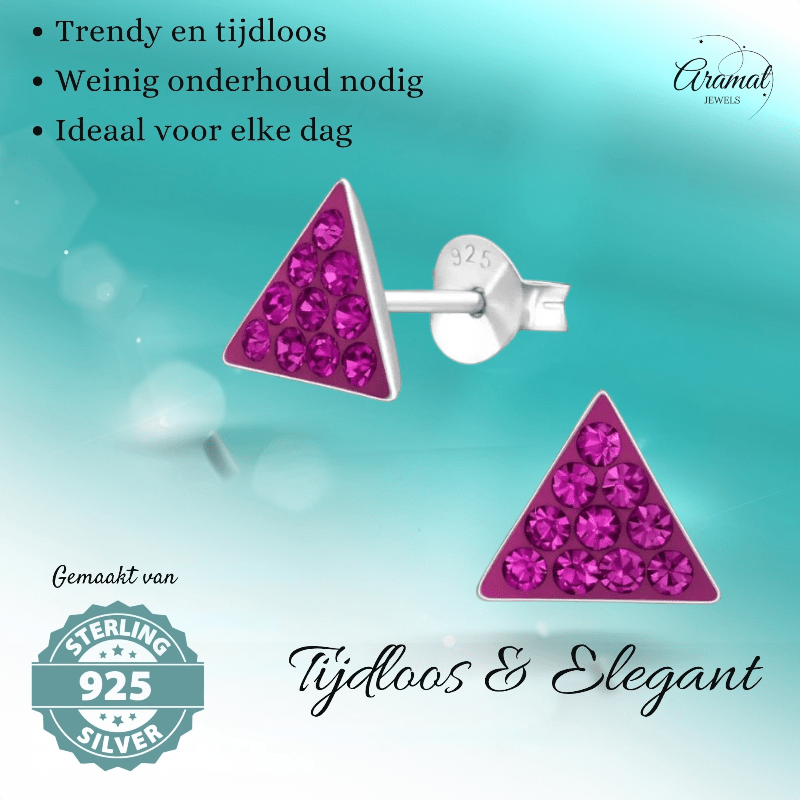 Zilveren Kristallen Oorbellen Driehoek - Donker Roze - Aramat Jewels - Oorbellen - cadeautip