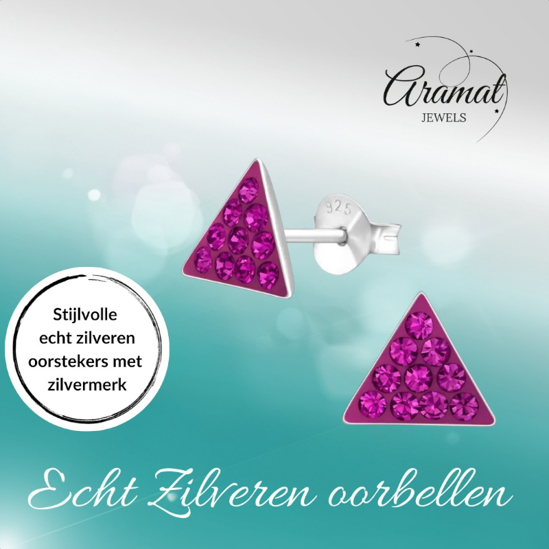 Zilveren Kristallen Oorbellen Driehoek - Donker Roze